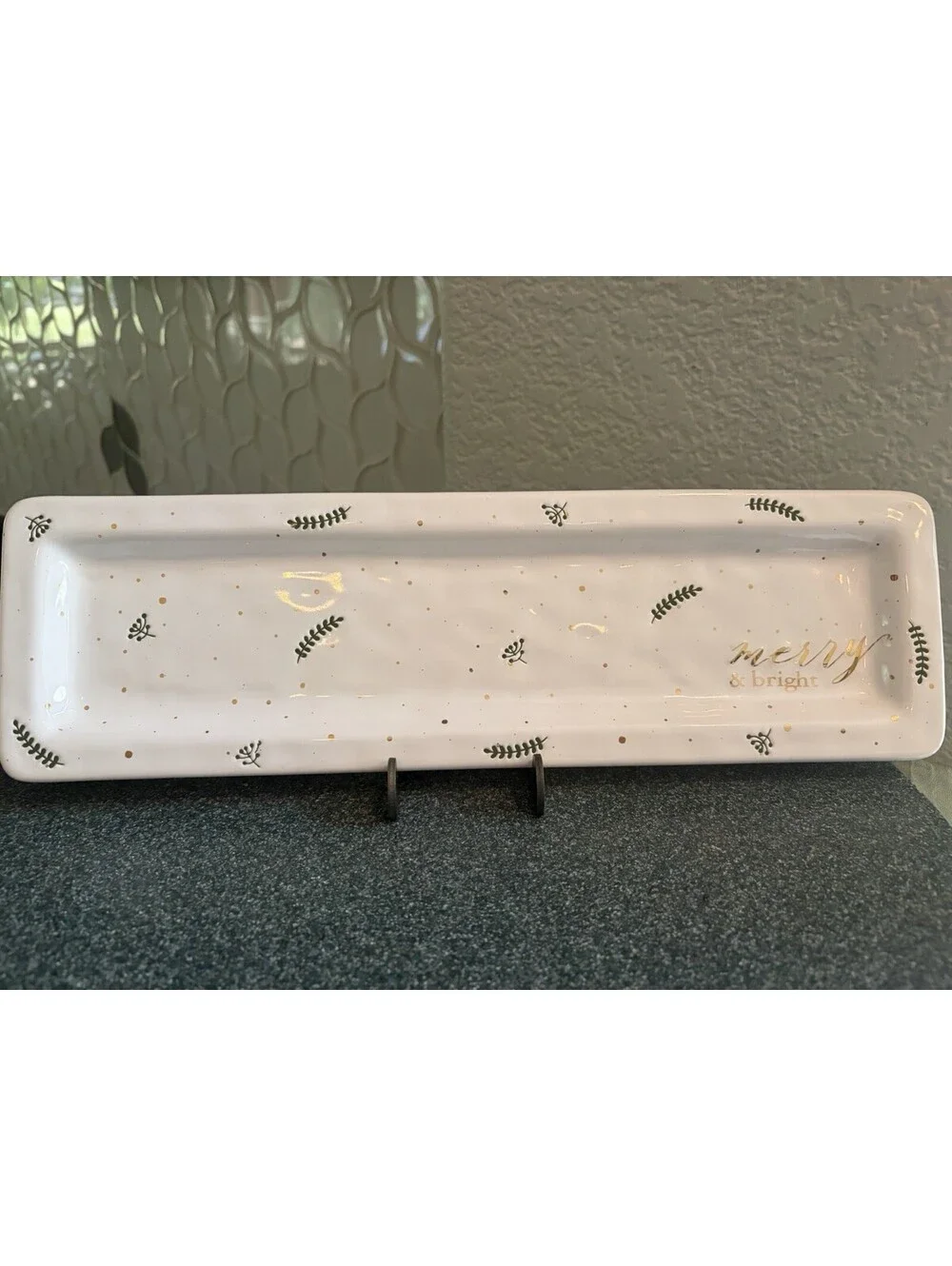 Mud Pie Gold Letters Merry And bright Green Foliage Rectangular Serving Platter
